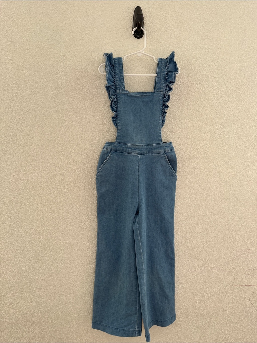 Hanna Andersson Denim Overalls‎ Kids Size 6-7 Blue Ruffle Wide Leg Jumpsuit Cute
